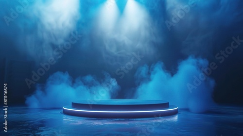 elegant display podium scene. The circular pedestal, illuminated by spotlights against a blue background with smoke