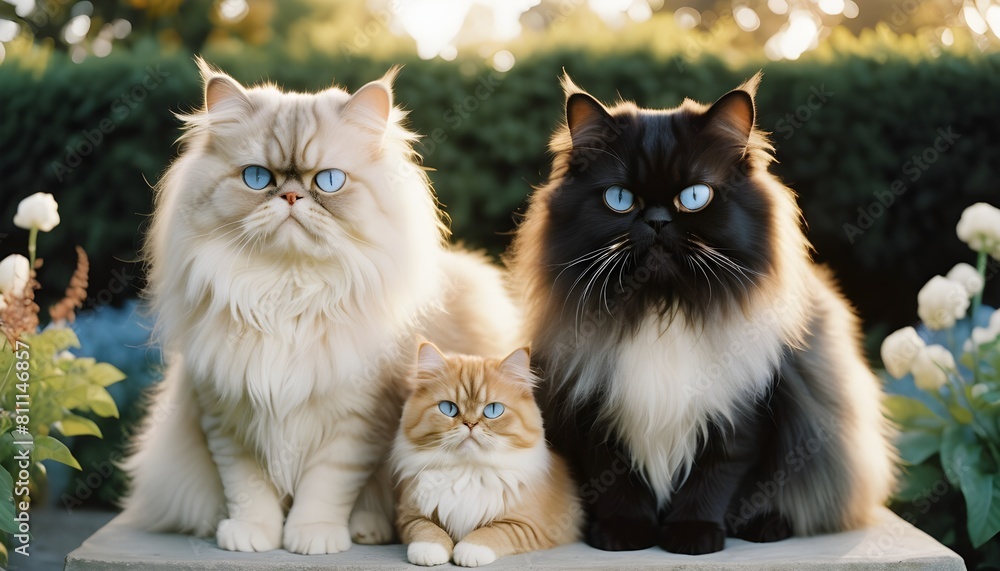 international cat day with a beautiful persian cats with blue eyes are standing behind them concept of day light with natural background