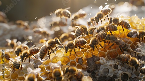 Macro photo of a bee hive on a honeycomb with copyspace. Bees produce fresh, healthy, honey. Beekeeping concept. AI generated illustration