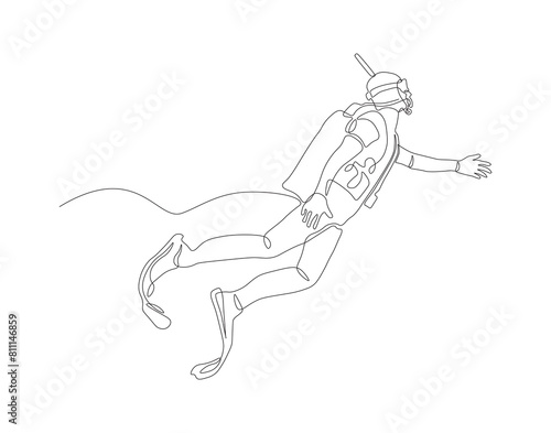 Continuous one line drawing of scuba diver diving in underwater. One line drawing illustration of scuba diver. Diving sport concept continuous line art. Editable outline.