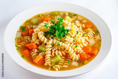 Delicate Alphabet Pasta in Golden Broth with Fresh Vegetable Medley
