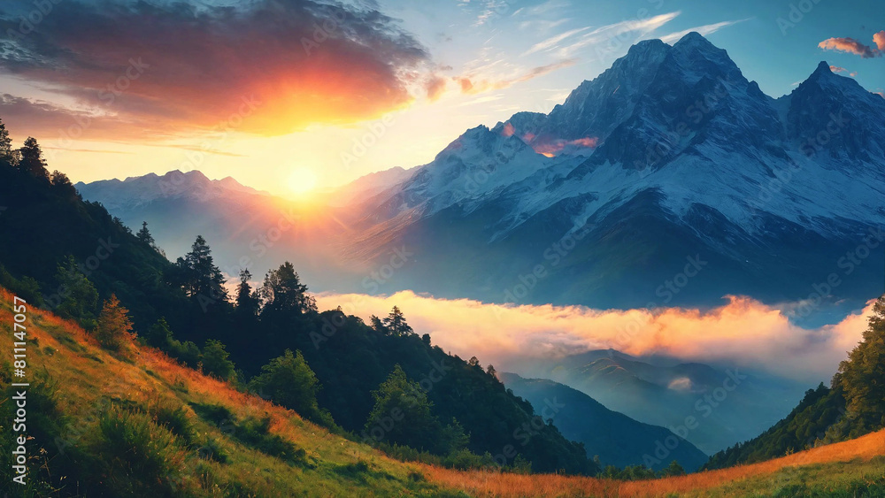 Obraz premium Natural landscape, beautiful sunrise above mountains 16:9 with copyspace