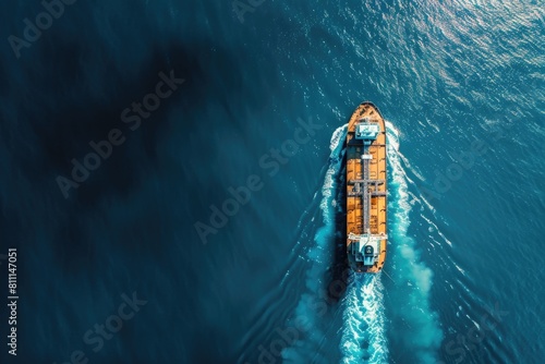 A small boat traveling across a large body of water. Suitable for travel brochures