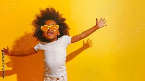 black little girl half body pose jumping wearing a blank white t-shirt and golden sunglasses, yellow background
