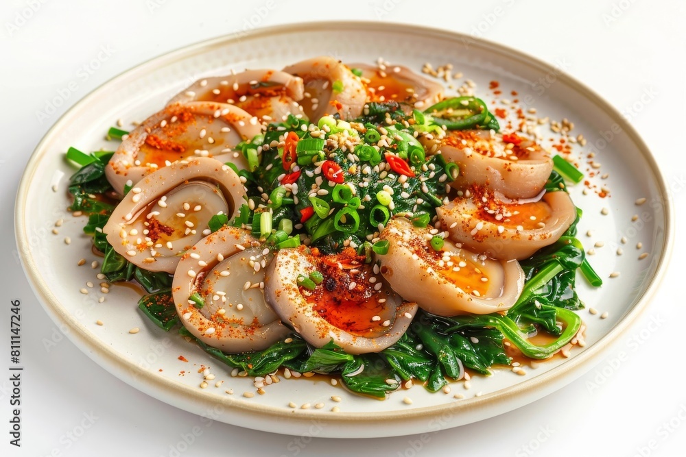 Tender Abalone Slices on a Bed of Golden Sesame Seeds and Greens Tender Abalone Slices on a Bed of Golden Sesame Seeds and Greens