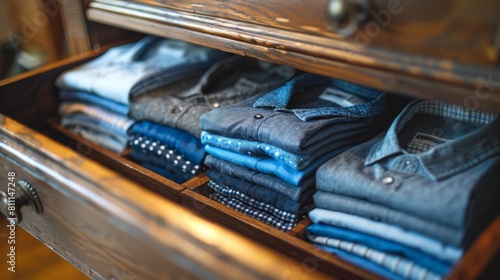 Drawer full of perfectly folded blue shirts, each shirt highlighted in its organized space, presenting a calm, orderly look photo