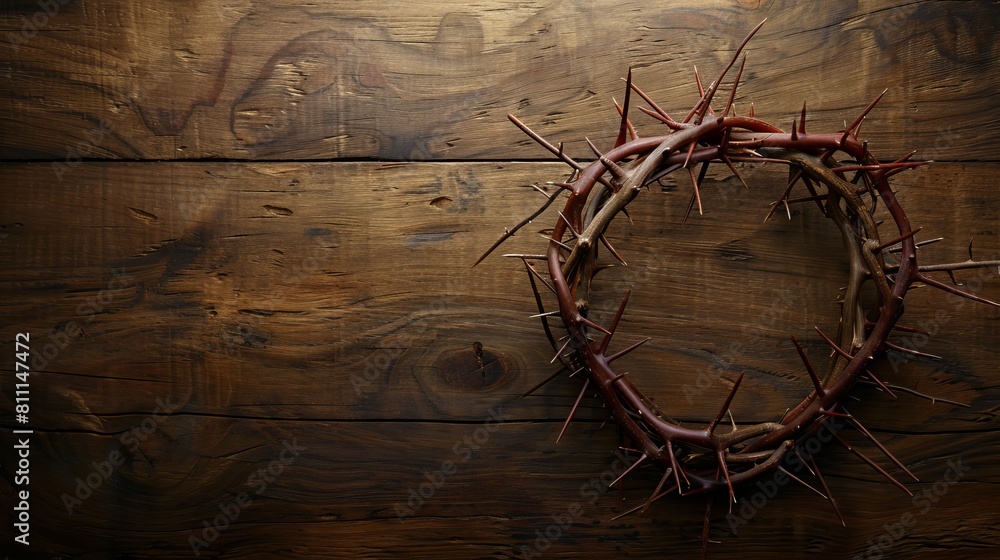 Detailed top view of a crown of thorns intertwined with metal nails on a wooden desk, providing copy space on an isolated background Detailed top view of a crown of thorns intertwined with metal nails on a wooden desk, providing copy space on an isolated background