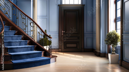 Elegant entrance with a rich blue staircase and a dark wooden door complemented by a light beige hardwood floor