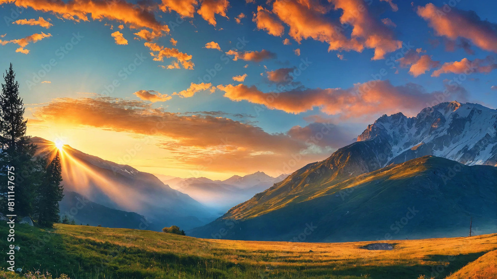 Natural landscape, beautiful sunrise above mountains 16:9 with copyspace Natural landscape, beautiful sunrise above mountains 16:9 with copyspace