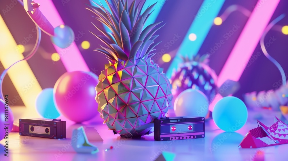 Fototapeta premium 1980s party vibes with a pineapple disco ball, retro cassette tapes, neon lights, and dynamic geometric patterns