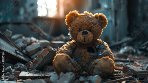 An old teddy bear with a missing eye, surrounded by the shattered remnants of a home, dramatically lit in a studio setting for emotional impact