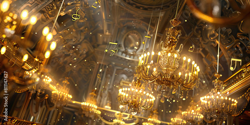 Classical Concert Elegance  Music Notes Adorning Ornate Chandeliers and Opulent Ballroom Decor