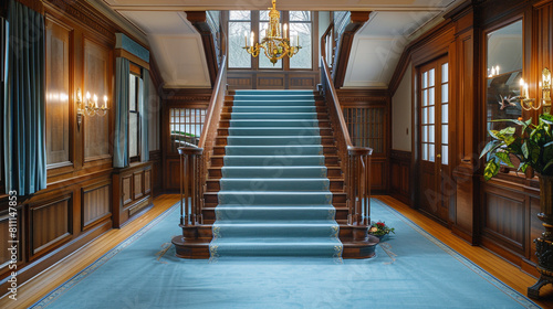 Elegant home foyer with sky blue carpeted stairs flanked by classic wood paneling and a traditional brass chandelier A hand-tufted wool rug lines the entrance floor