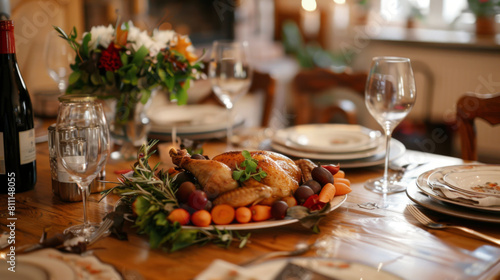 A beautifully set dinner table with a roasted chicken and vegetables