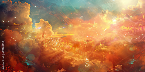 Musical Dreamscape: Music Notes Drifting Through Clouds in a Surreal Dreamlike Setting photo