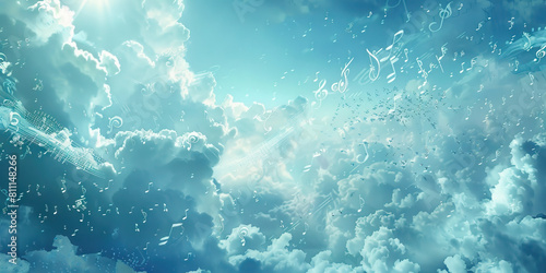 Musical Dreamscape: Music Notes Drifting Through Clouds in a Surreal Dreamlike Setting