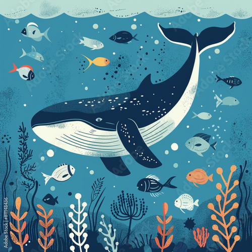 Large whale and small tropic fish floating underwater. Corals and seaweed on a bottom.