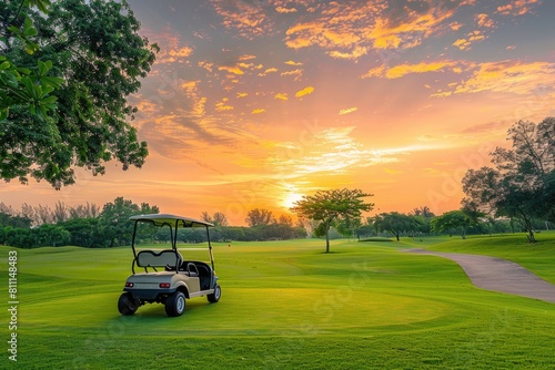 A golf cart on a beautiful golf course at sunset. Perfect for golfing or sports concepts