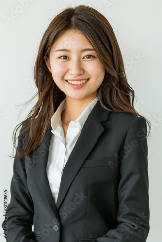 日本人の女性会社員のポートレート（白背景・サラリーマン・スーツ・仕事）