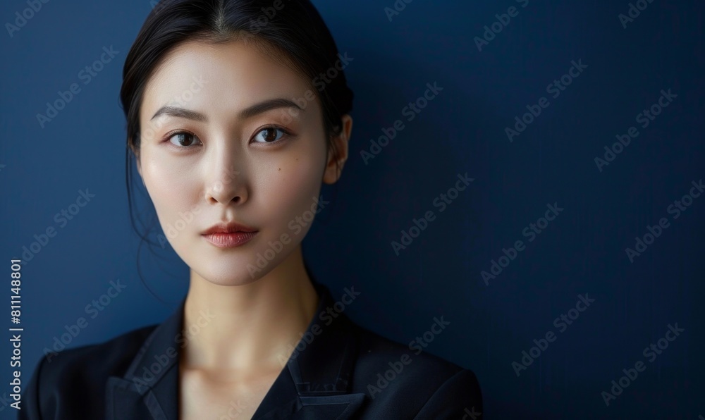 Close-up of young woman in a black blazer against a blue background for beauty and fashion magazines, corporate and professional branding, women empowerment platforms, Close-up of young woman in a black blazer against a blue background for beauty and fashion magazines, corporate and professional branding, women empowerment platforms,