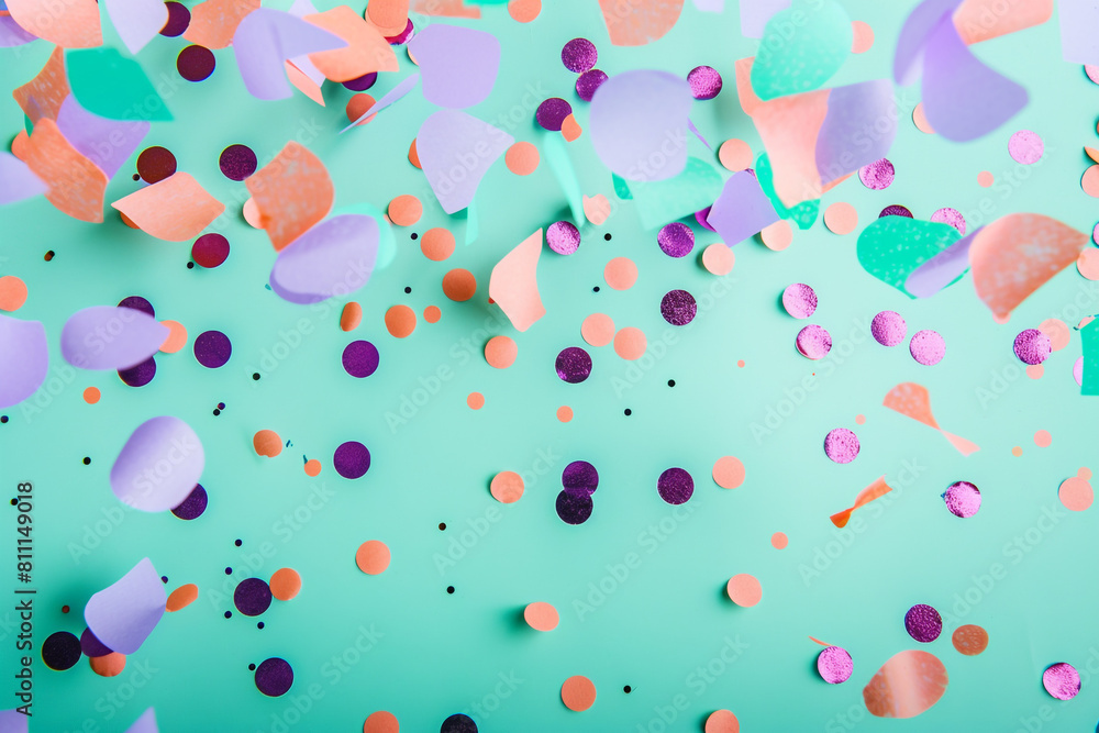 Festive multi-colored confetti on a pastel mint background, evoking a soft, playful touch in ultra-high definition.