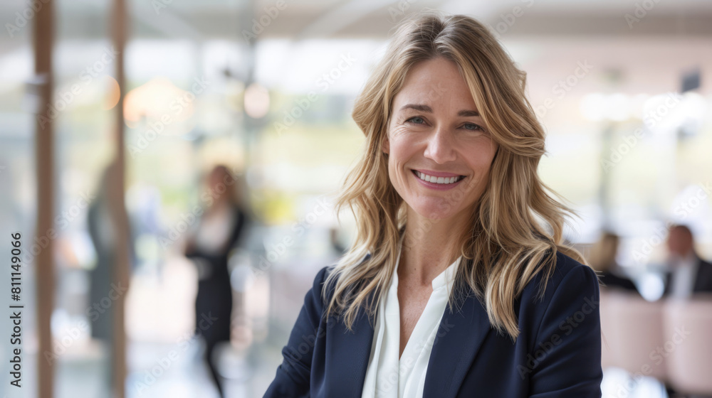 A confident businesswoman smiles warmly while posing in a modern office environment. Woman dressed in professional attire on blurred background with colleagues, open workspace A confident businesswoman smiles warmly while posing in a modern office environment. Woman dressed in professional attire on blurred background with colleagues, open workspace