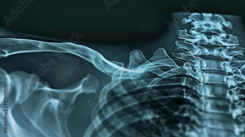 A detailed Xray of a broken clavicle, providing full clarity on the vertebrae, suitable for effective orthopedic examination and treatment planning
