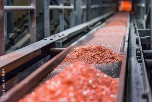 Potash fertilizer moving along a conveyor belt in an industrial manufacturing plant © mikeosphoto