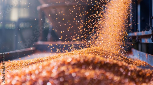 Potash fertilizer being poured from a conveyor, forming a growing pile of vibrant orange and pink minerals on blurred background. Process involved in fertilizer production