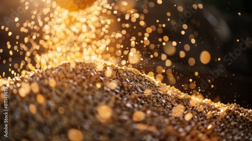 Potash fertilizer being poured from a conveyor, forming a growing pile of vibrant orange and pink minerals on blurred background. Process involved in fertilizer production