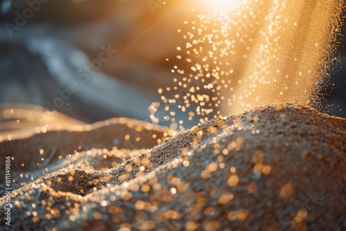 Potash fertilizer being poured from a conveyor, forming a growing pile of vibrant orange and pink minerals on blurred background. Process involved in fertilizer production photo