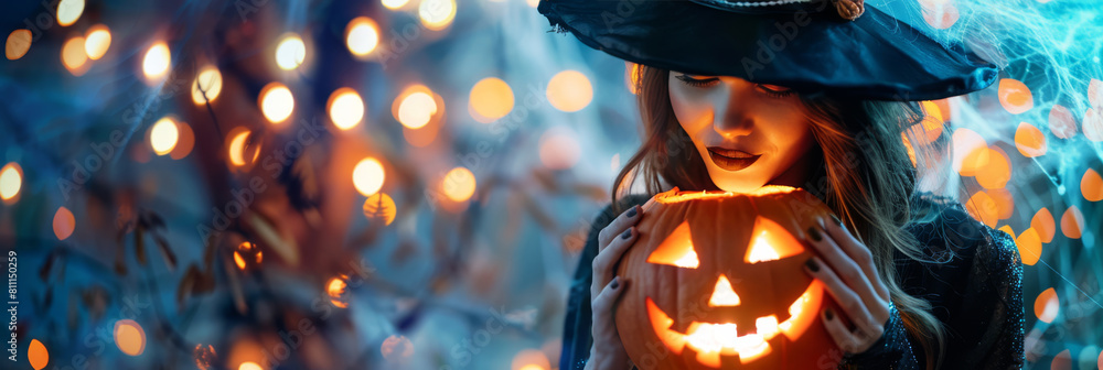 Naklejka premium Halloween background with a witch costume woman holds a glowing jack-o-lantern. With a wide-brimmed hat, dark lipstick, spider webs, and soft orange lights, she embodies a playful Halloween mystery
