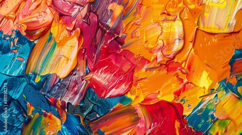 Detailed view of a vibrant  multi-colored painting showcasing a variety of bold hues and intricate brushwork.