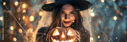 Halloween background with a witch costume woman holds a glowing jack-o-lantern. With a wide-brimmed hat, dark lipstick, spider webs, and soft orange lights, she embodies a playful Halloween mystery