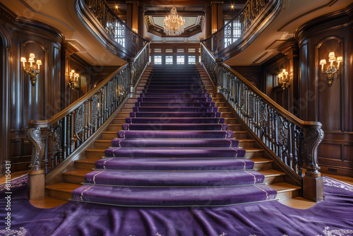 Grand entrance hall with amethyst purple carpeted stairs surrounded by a classic wooden railing and an intricate runner The space is elegantly lit by a series of refined wall sconces