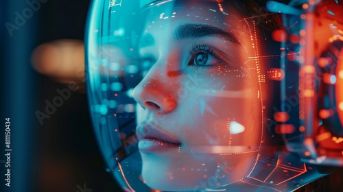 A woman in a futuristic helmet gazes intently at something  her eyes filled with curiosity and wonder