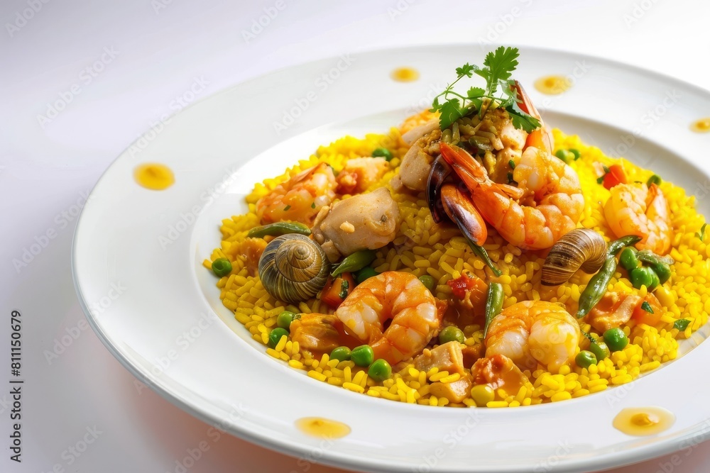 Colorful Saffron Rice Paella with Chicken, Shrimp, and Snail Medley Colorful Saffron Rice Paella with Chicken, Shrimp, and Snail Medley
