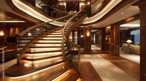 Grand entrance in a luxurious home featuring a wooden staircase with elegant glass details under ambient cove lighting