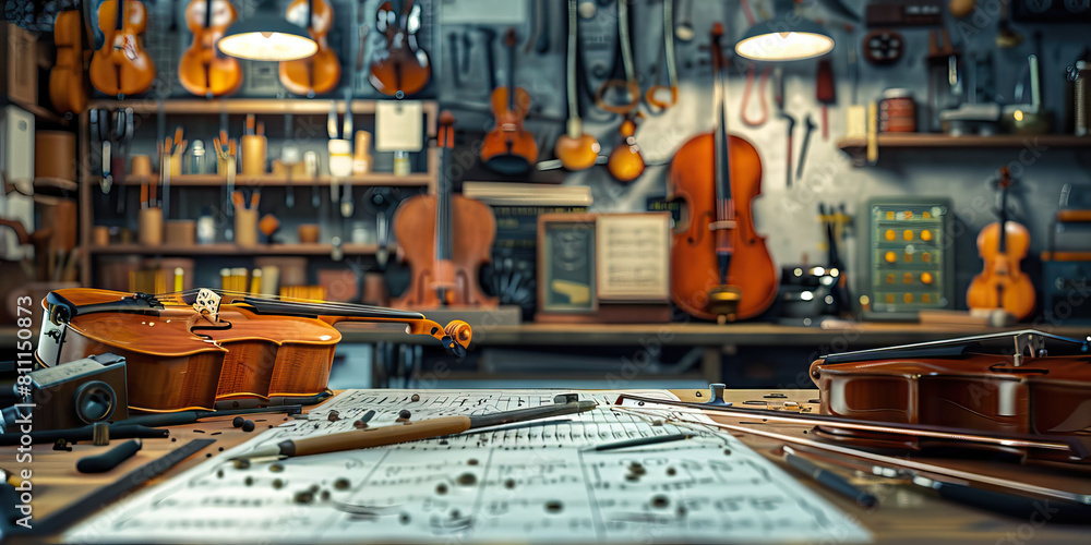 Musician's Workshop: Music Notes Scattered on a Workbench with Instruments and Tools