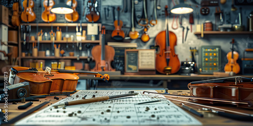 Musician's Workshop: Music Notes Scattered on a Workbench with Instruments and Tools