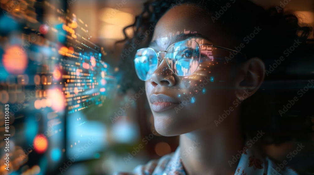 A woman in glasses studies a digital data display A woman in glasses studies a digital data display