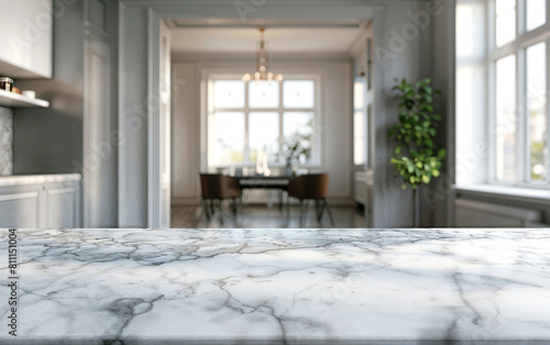 Empty White Marble Countertop on Blurred Kitchen Background