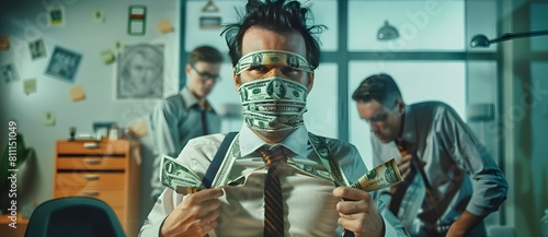 The image satirically depicts a businessman blinded by money, criticizing modern society's blind pursuit of wealth through a dramatic and ironic visual 2. photo