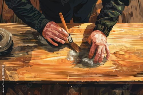 A person using a paintbrush on a piece of wood. Can be used for art and creativity concepts photo
