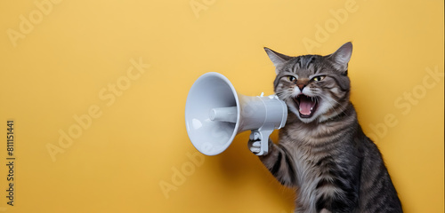 A funny cat holding a megaphone and screaming photo