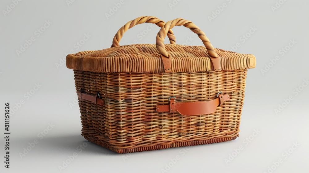 3D realistic image of a picnic basket, clean lighting, isolated on background