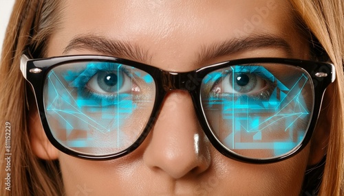 Close-up of Eyes and Glasses with Tech Reflection, Cyber Security Concept 
