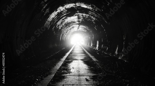 Black and white photo of a railroad tunnel with light at the end of it.