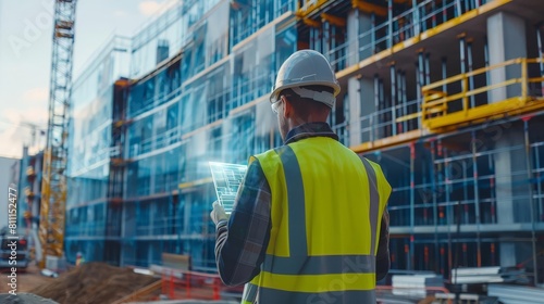 Image of an architect accessing largescale building plans and simulations via a cloud system on a construction site photo
