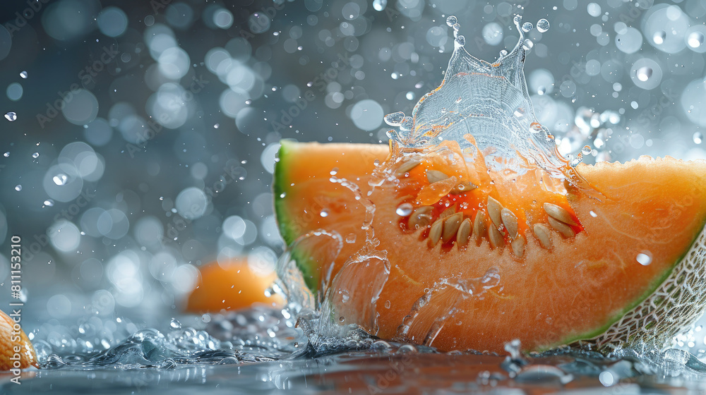 A slice of cantaloupe is falling into a pool of water. The water is splashing and the cantaloupe is floating on top of it A slice of cantaloupe is falling into a pool of water. The water is splashing and the cantaloupe is floating on top of it